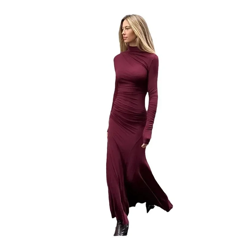 2025 exy Red Long Sleeved Women's Dress Autumn O Neck Slim Fit Red Spicy Girl Long Dress New Casual High Street Wrapped Skirt