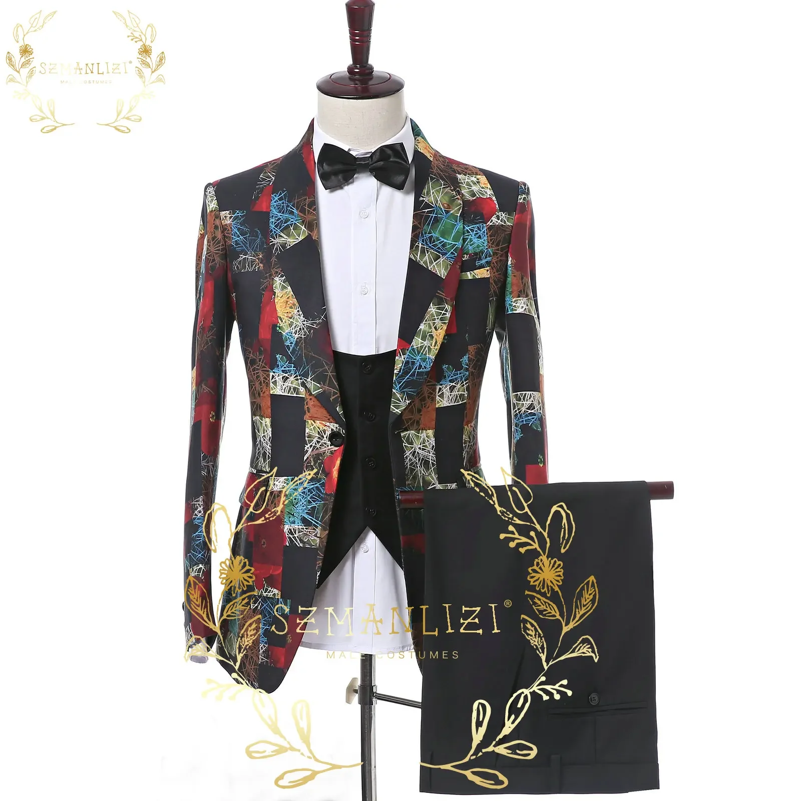 

High Quality Floral 3 Pieces Sets Jacket Vest Pants Men Suits For Groom Wedding Tuxedo Formal Blazer Terno Masculino