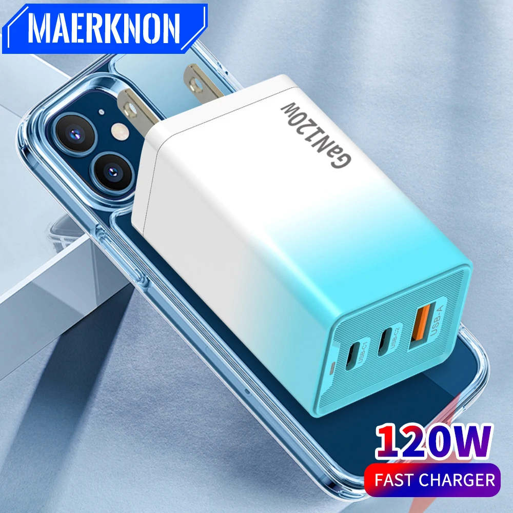 

Зарядное устройство GaN USB C, 120 Вт, тип C, быстрая зарядка, настенное зарядное устройство с вилкой европейского/американского стандарта для iPhone, Samsung, Xiaomi, 3 порта, быстрое зарядное устройство для телефона