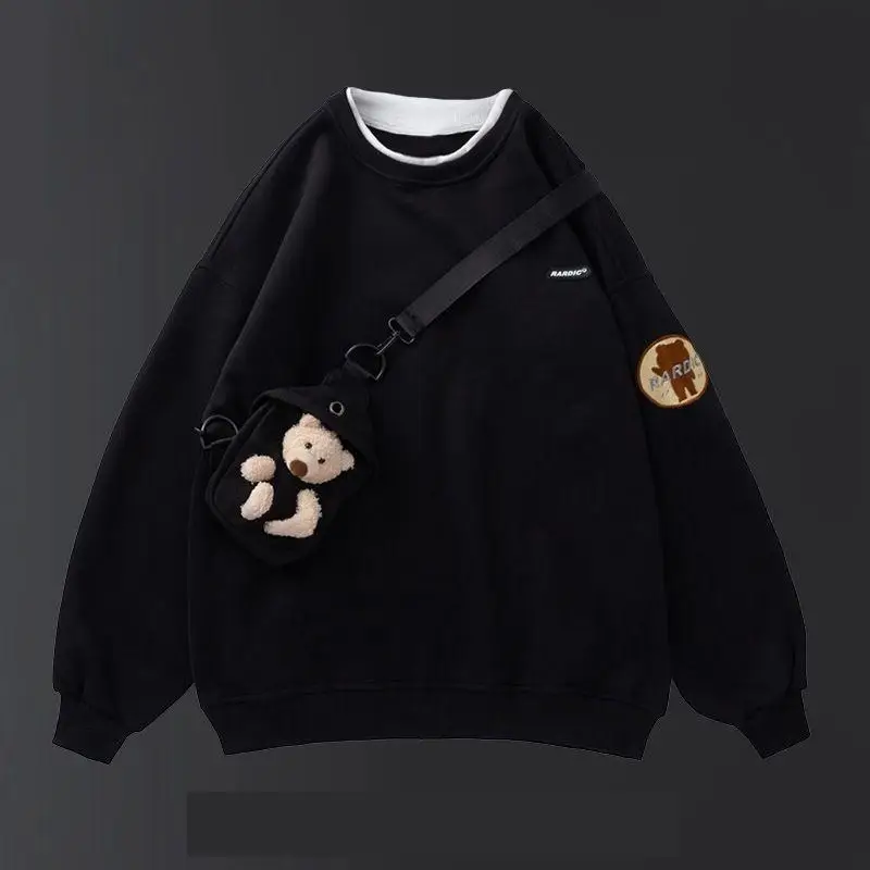 Sweat-shirt à bandoulière ours pour femme, faux deux pièces, petit cartable, style coréen, mode adt, pull fin à col rond, sweats à capuche pour femme