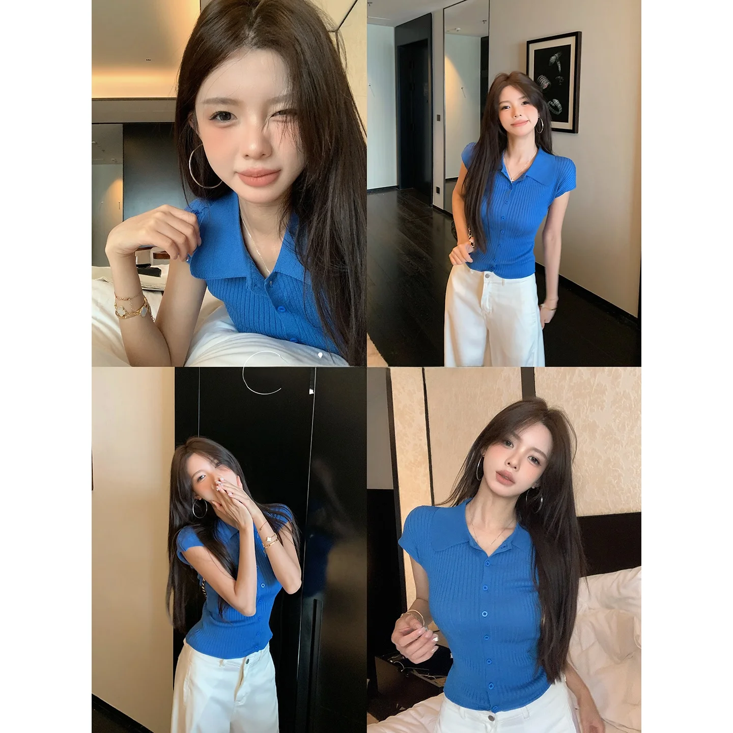 

Qiu Rouyao Ne Knitted irt Women's Summer New Sle Simple Slim Fit ort Sve Top Ele Old Money Sle