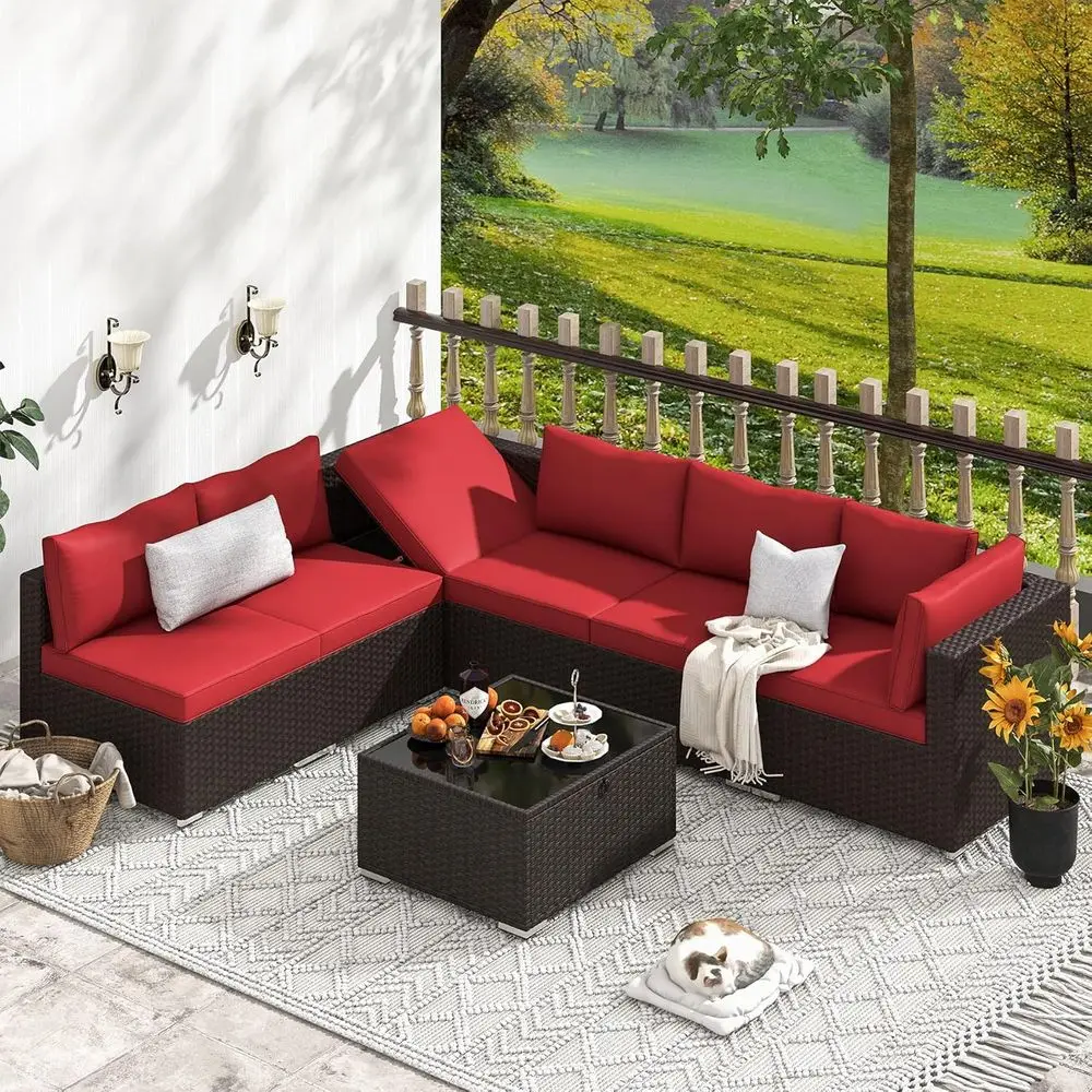 

7-Piece Outdoor Rattan Sectional Sofa Set with Cushions and Glass Table, High Back Patio Furniture for Backyard, Poolside (Wine