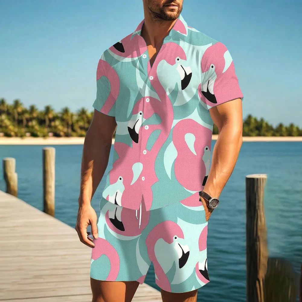 Summer Flamingo 3D Print Men Shirt Sets Short Sleeve Shirt Oversized Casual Beach Shorts Streetwear Hawaiian Suits Clothes