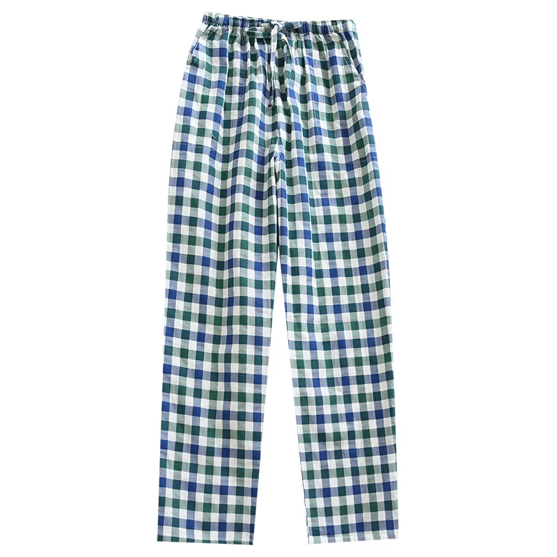 Couple Pajama Pants Women Cotton Gauze Trousers Thin Plaid Sleep Bottoms Elastic Waist Men Loose Night Pijamas Lounge Wear 2022