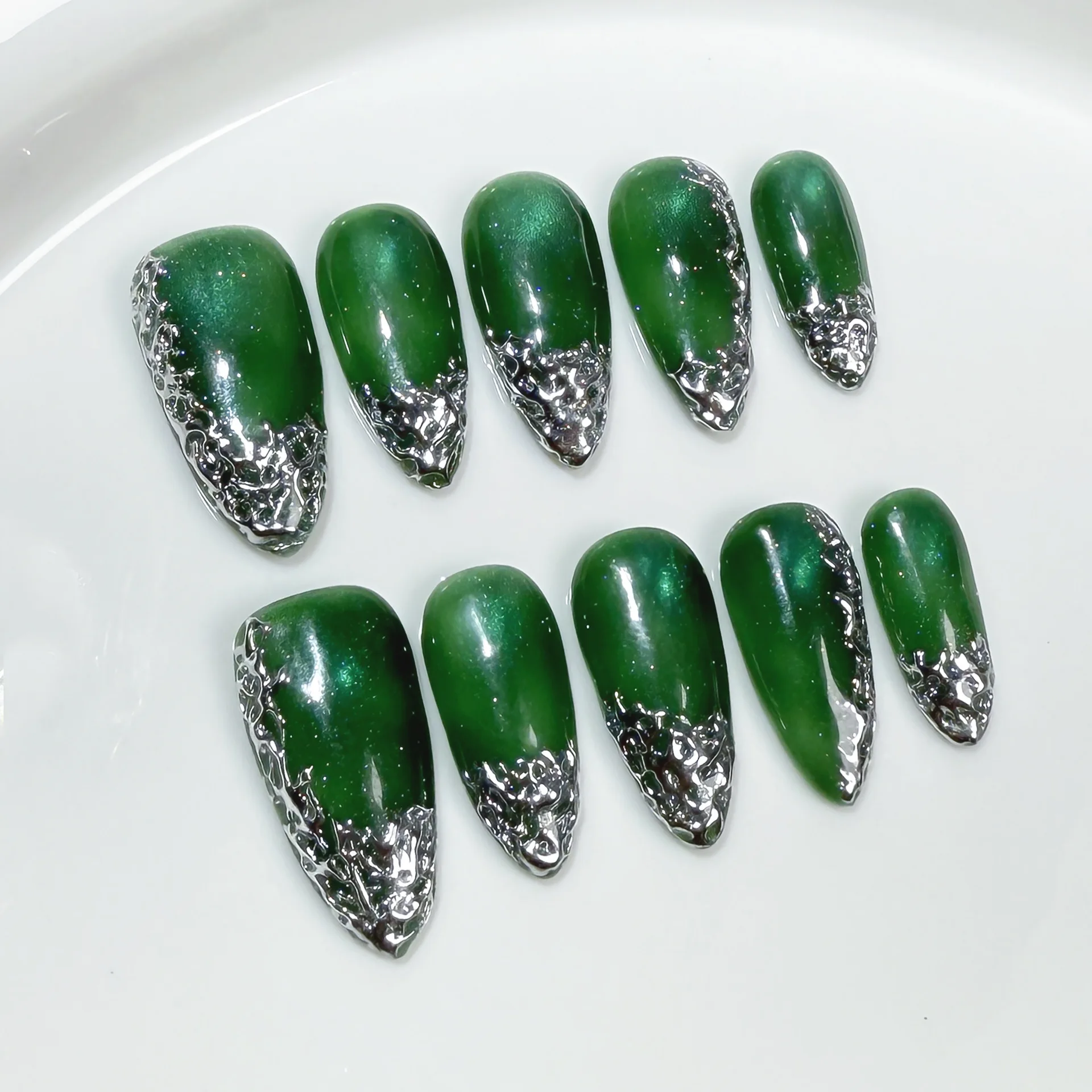

10pcs Handmade Press On Nails Jade Cat's Eye False Nails Luxury Irregular Metal French Almond Fake Nails Glitter Y2K Nail Tips