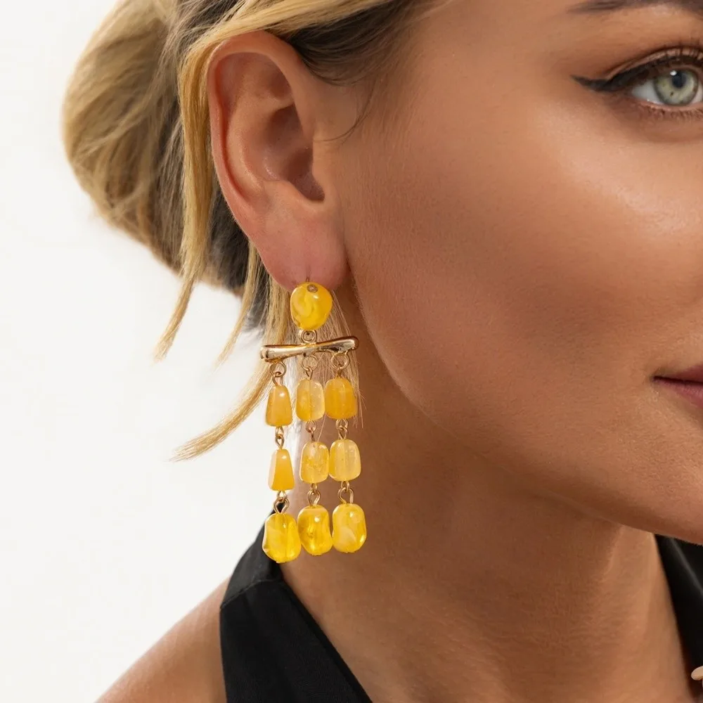 Retro Resin Bead Dangle Earrings Yellow Multi-Layer Bead Statement Earrings Layered Ornate Geometric Earrings Banquet