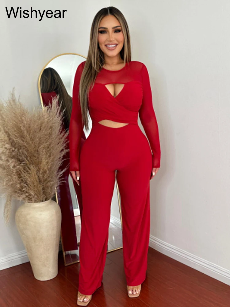 

Wishyear Fashion Long Sleeve Cut out Front Mesh Patchwork Wide Leg Party Club Jumpsuit Women One Piece Suit Birthday Playsuits