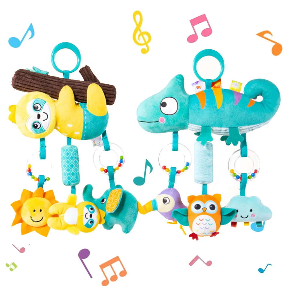 Chocalhos para carrinho de bebê, brinquedo de viagem, chocalhos de mão com design de desenho animado, brinquedo portátil com aderência macia para recém-nascidos, presentes