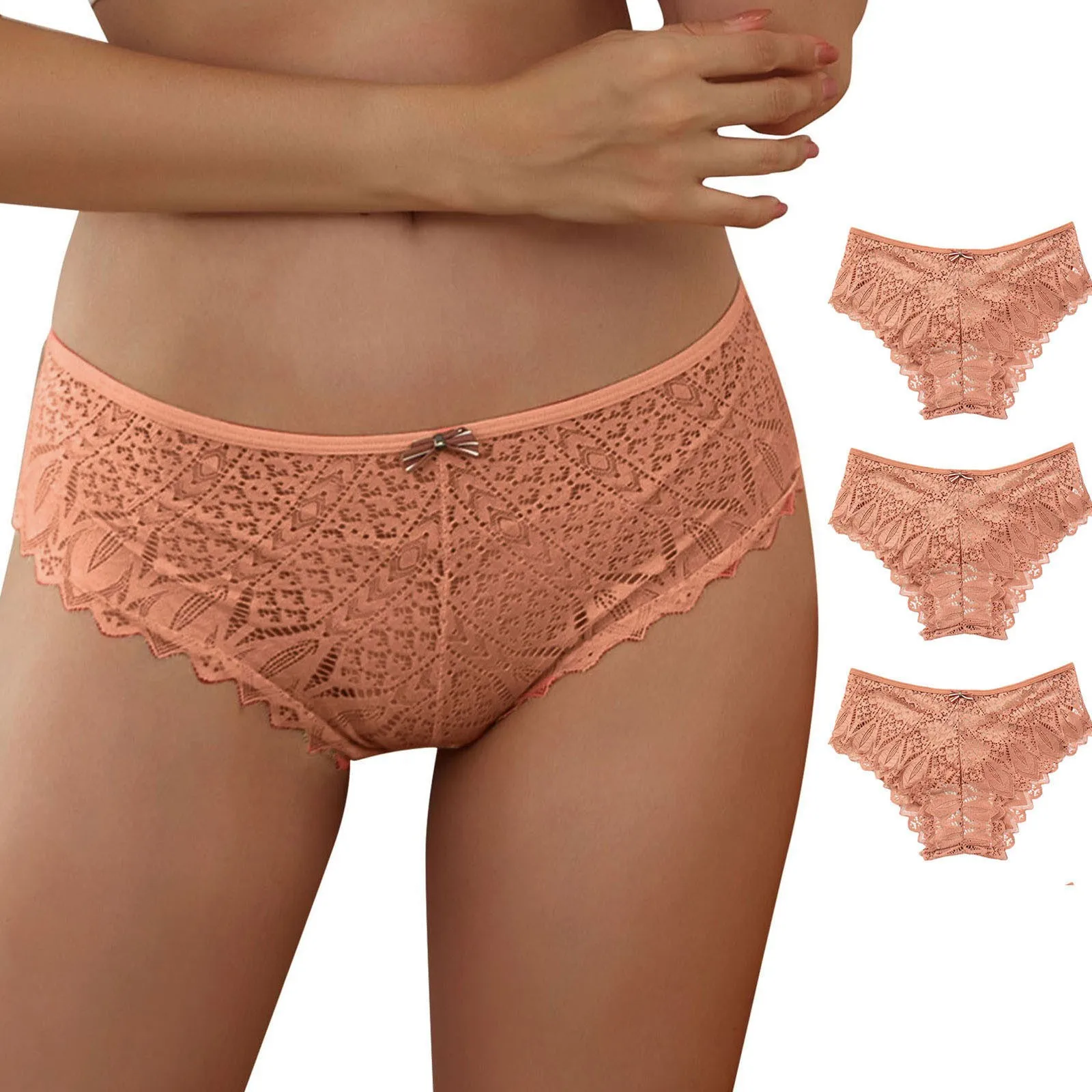 

3pc Ladies Solid Color Lace Panties High Quality Seamless Thong Plus Size Sexy Underwear Comfortable Breathable Plain Panties