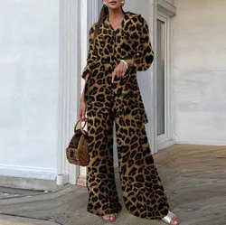 Leopard Print Long Shirt Two Piece Sets Women Fashion Wides Leg Pants Set Autumn Winter Casual Loose 2 Piece Sets Women Outfit