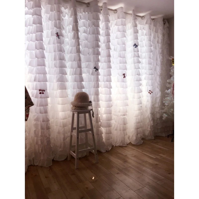 Korean-Style Luxury 100% Cotton Princess Curtains - Layered Cake Ruffle Design, Customizable Elegance for Romantic Home Decor