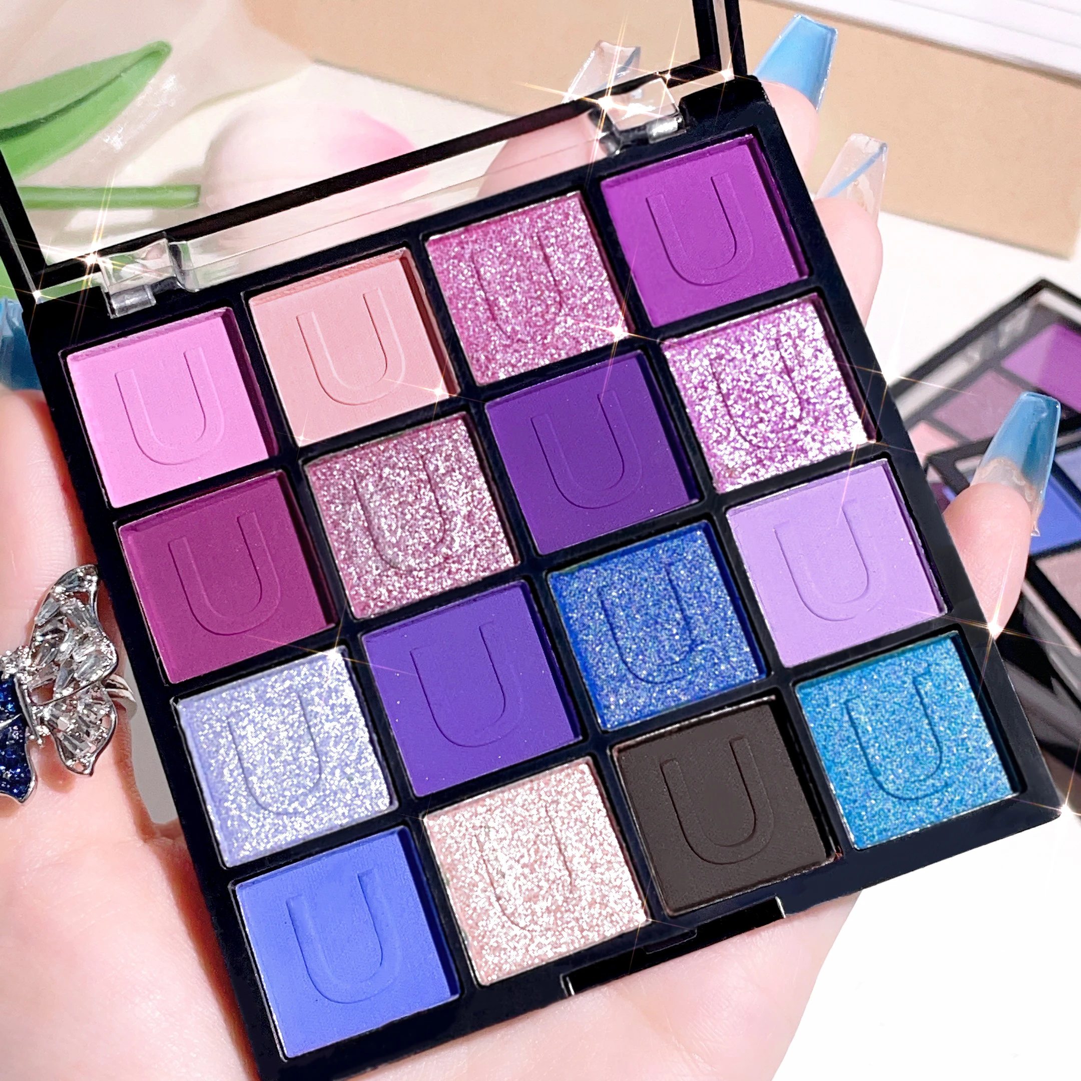 16-color Purple Eyeshadow Palette, Pearly Glitter Sequins Finish, Waterproof Blendable Eyeshadow Cosmetics For Music Festival