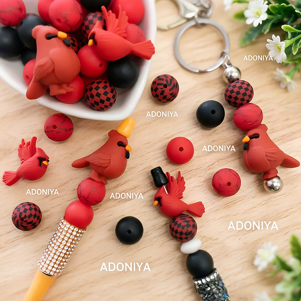 33/34-teiliges Set aus Silikonperlen der Red Bird Serie für DIY-Halsketten, Armbänder, Dekorationen, Stifte, Schmuckanhänger usw. Geburtstagsgeschenk für die Feiertage – Detail 5