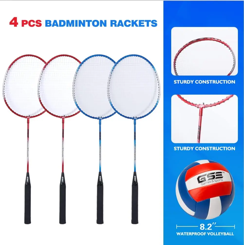 Outdoor Volleyball & Badminton Combo Set with Net, Poles, Racquets for Backyard, Park, Beach Fun