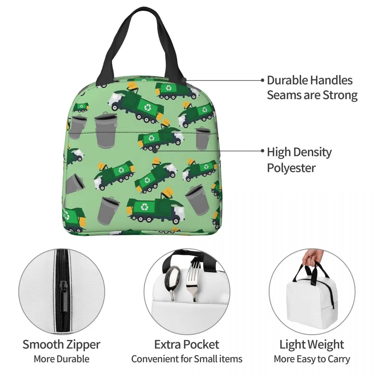 Recycling Garbage Truck Pattern Lunch Bags Bento Box Lunch Tote Resuable Picnic Bags Cooler Thermal Bag for Woman Children Work