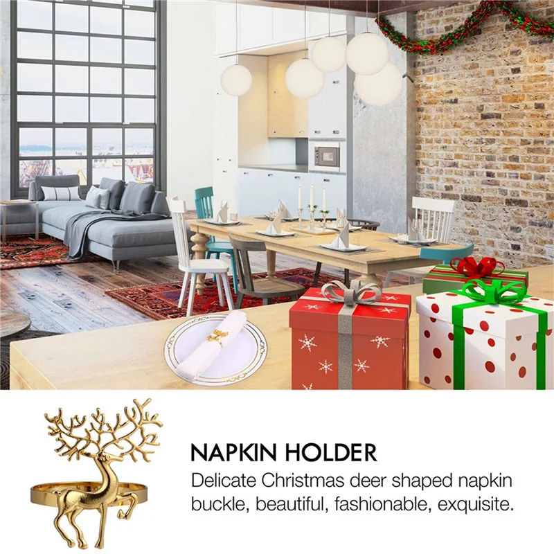 

3X Christmas Decorations Gold Napkin Ring Durable Delicate Deer Napkin Ring Holder For Restaurant Christmas Party Dinner-B09B