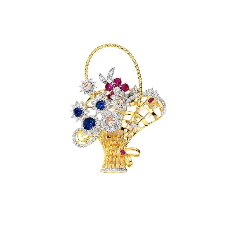 

BELLUX S925 Silver Gold-plated Synthetic Zircon Flower Basket Flower Design Brooch Pendant Vintage Brooches