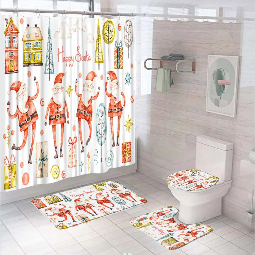 

Watercolor Santa Claus Shower Curtain Sets Xmas Holiday Decor Bathroom Curtains Non-Slip Bath Mat Pedestal Rug Lid Toilet Cover