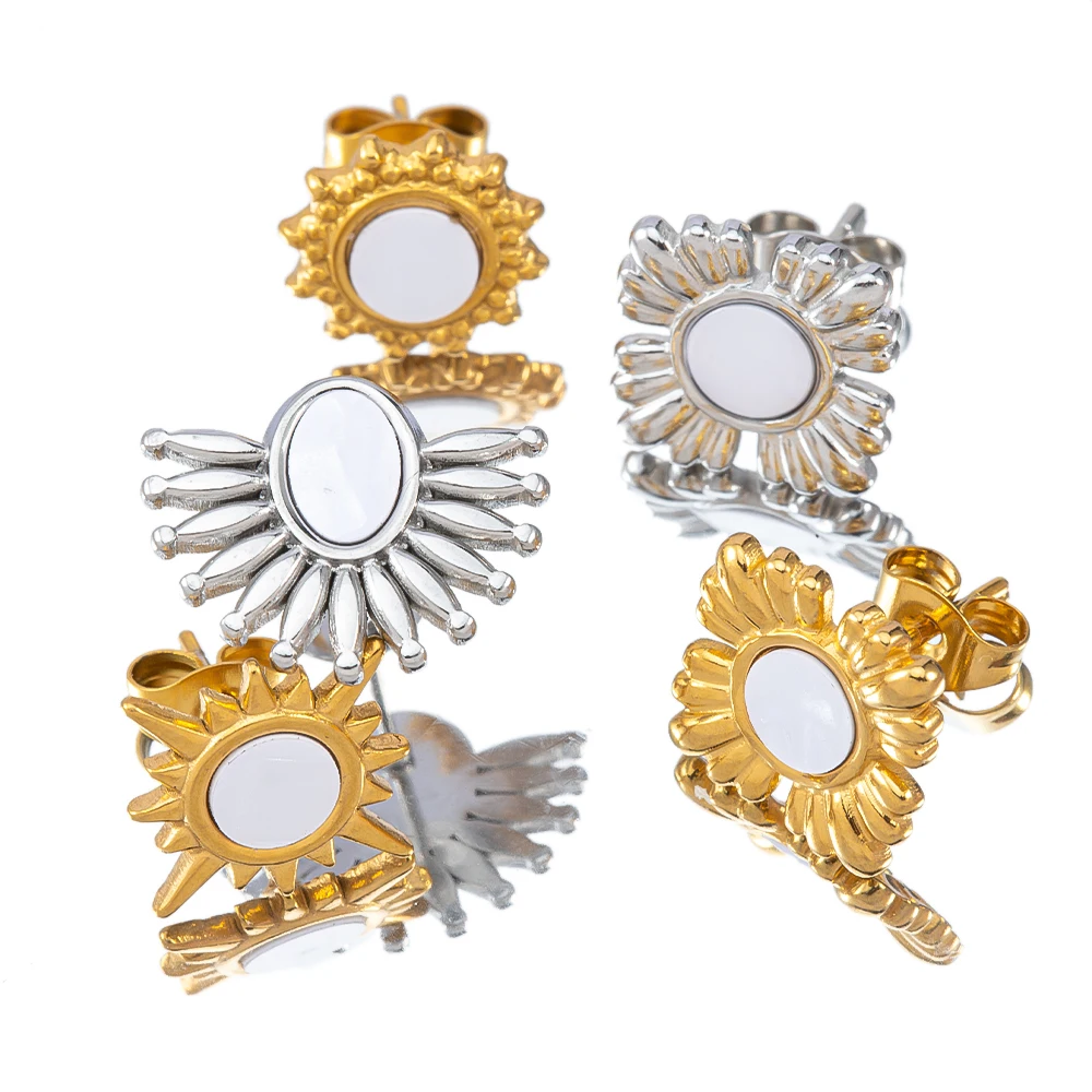 2pcs Bohemian style Stainless Steel Stud Earrings Multi-shaped Ear Post with Ear Plugs Hypoallergenic Metal Earrings Accessories
