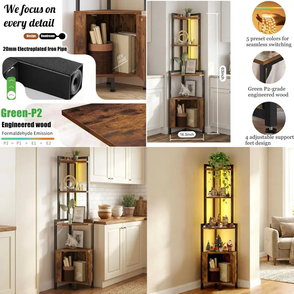 

Rustic Brown 5-Tier LED Shelf - Space-Saving Storage Organizer with Ambient Lighting for Small Spaces