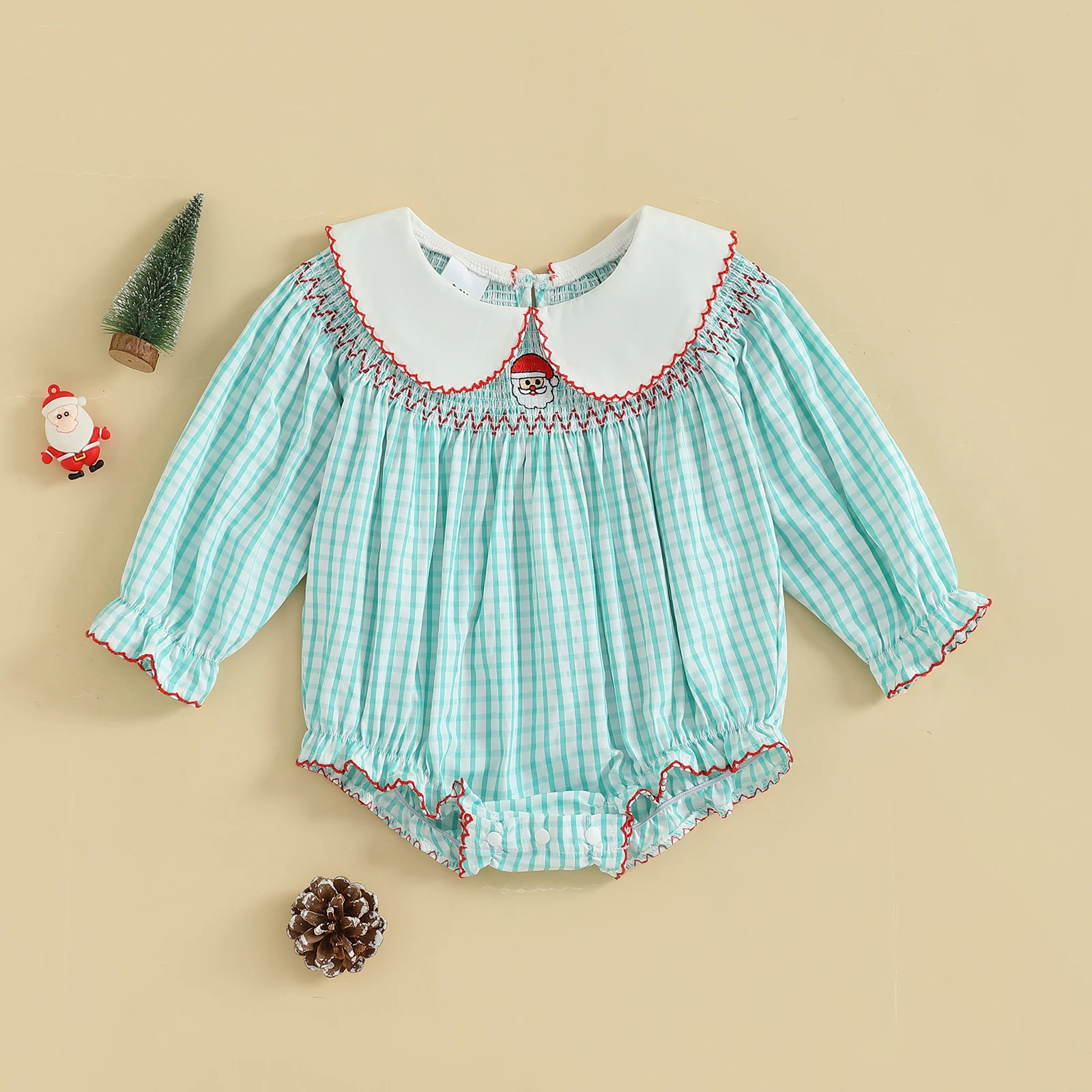 

0-18 Months Baby Girls Christmas Romper Plaid Print Santa Embroidery Long Sleeve Doll Collar Bubble Jumpsuit