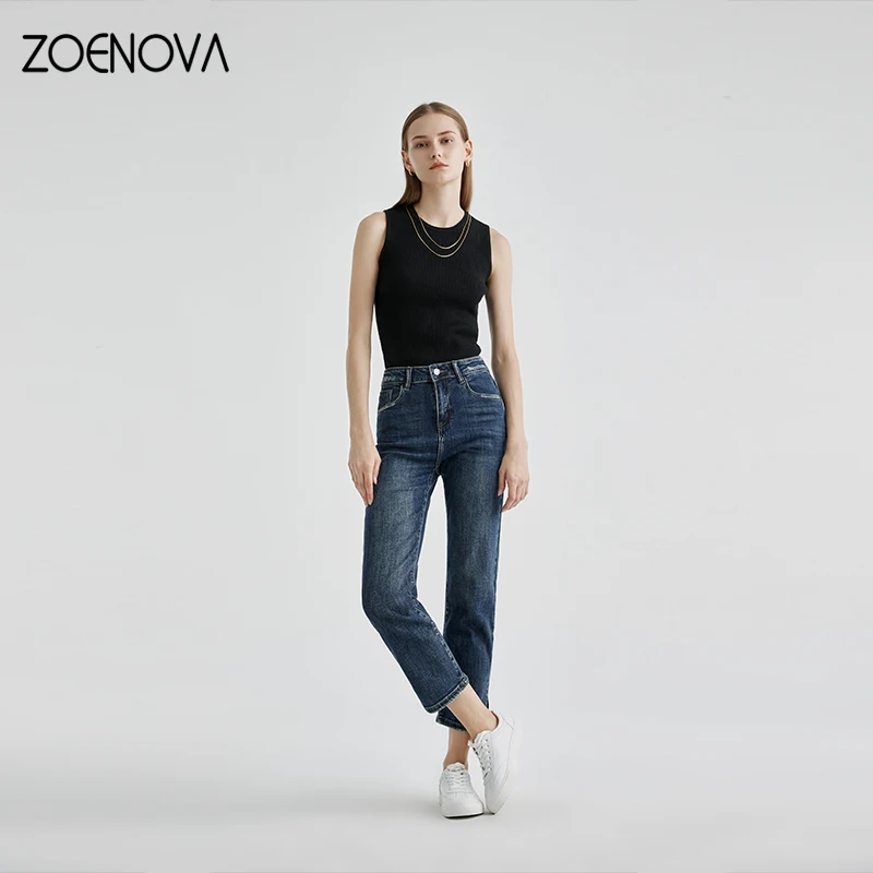 

ZOENOVA High Quality Y2K Jeans Women's Street Casual Slim Ankle Length Pants Cotton Elastic Straight Pipe Slit Nine Point Pants