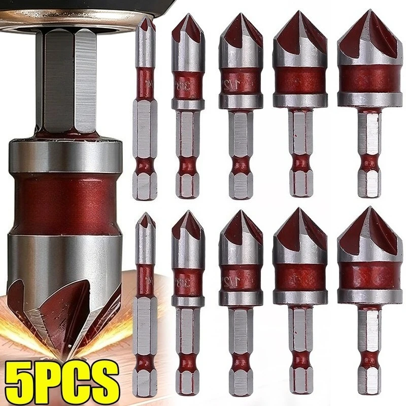

5pcs High-speed Countersunk Drills Sets Hexagonal Shank 82° Chamfer Drill Bit DIY Woodworking Steel Plate Drilling Polish Tools