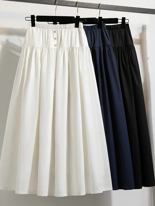 

High Waist A-Line Skirt Tee Button Women's Korean Sle Pear ape Body f Length Vintage Summer Long Skirt