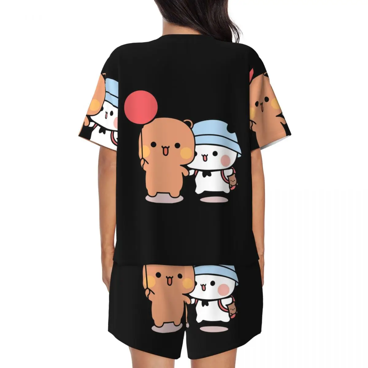 Bear And Panda Bubu Dudu Balloon Round Neck Short Sleeves Nightdress for Sleeping Sleepshirts Women Loose Pajama Set Short Pants