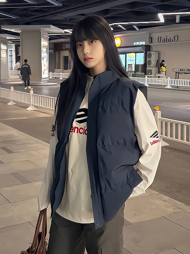 

American Style Dark Blue down Vest Unisex Winter Outerwear Thickened Sleeveless Shoulder Pad Vest Cotton Jacket Coat