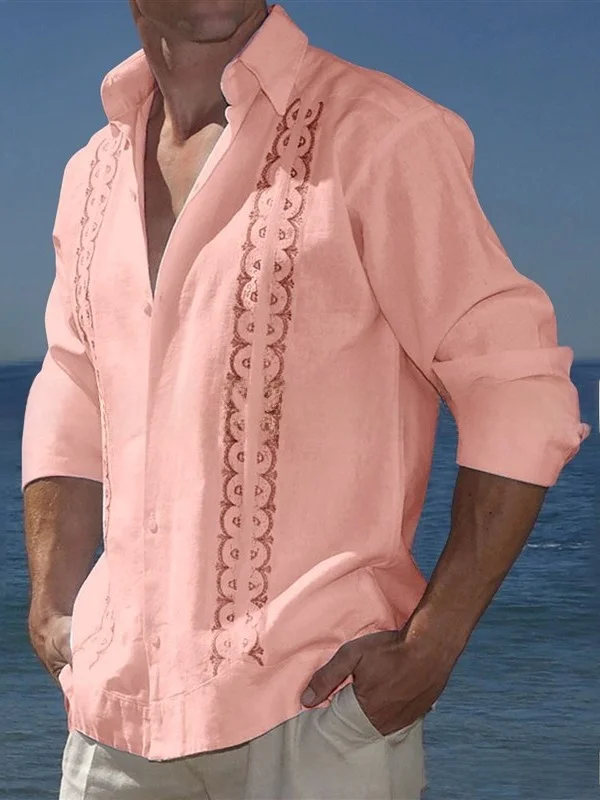 

Men's Cotton Linen Printed Shirt with Collar Button Loose Fit Long Sleeve PU Leather Inner Layer Four Seasons Versatile