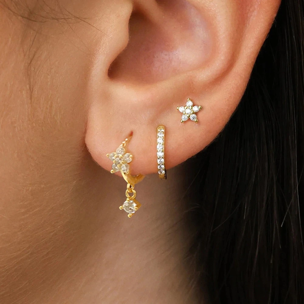 3pcs Green Crystal Zirconia Huggie Earrings Set for Women 18K Gold Plated Flower Hoop Earrings Piercing Jewelry