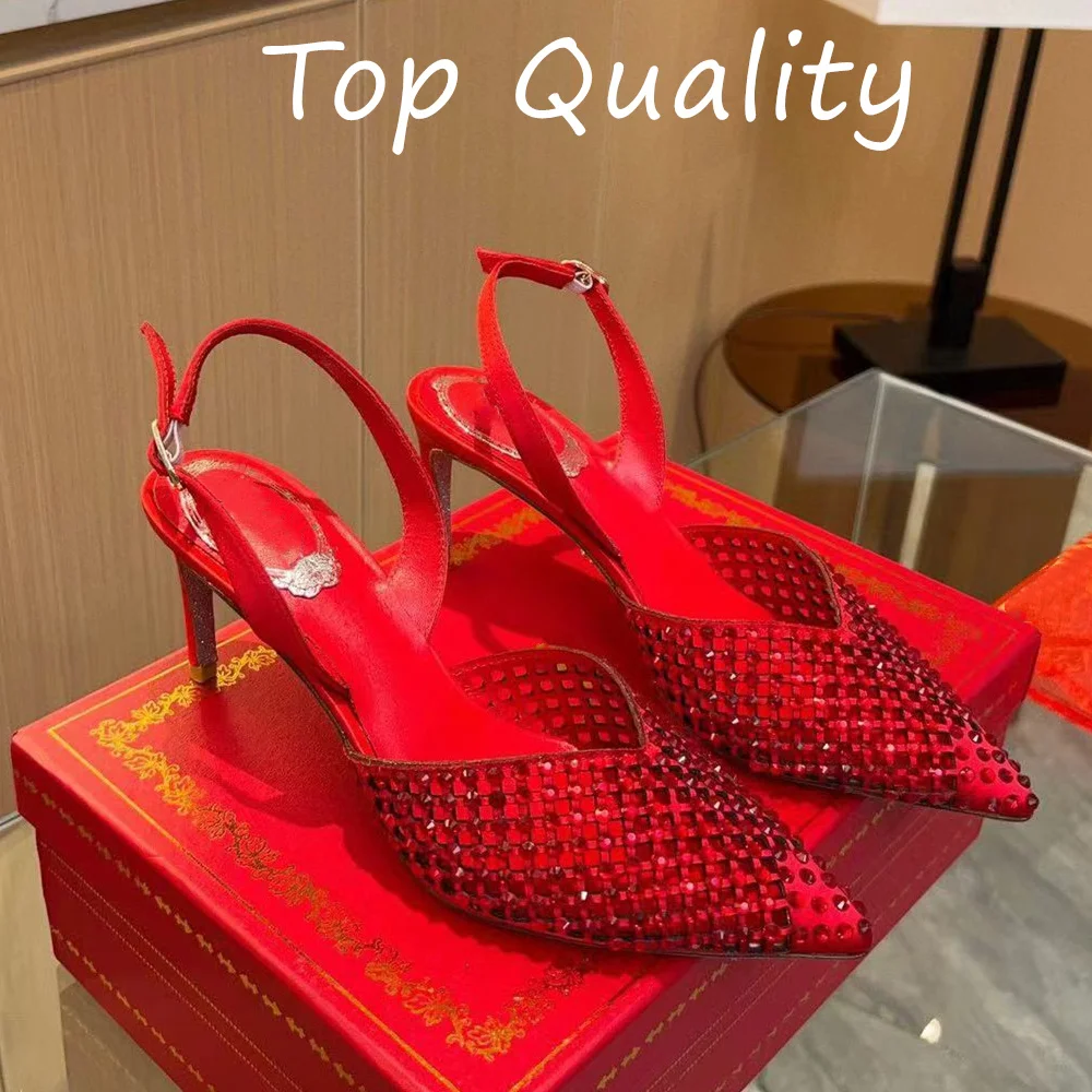 Women's High heeled sandals Gemstone inlay Genuine leather sole Sharp pointed and slender heel Hollow decoration Sexy Style