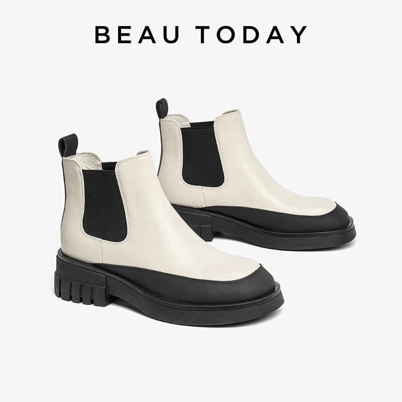 

BEAUTODAY Chelsea Boots Women Genuine Calfskin Round Toe Platform Elastic Bands 2024 Winter Ladies Shoes Handmade 03D01