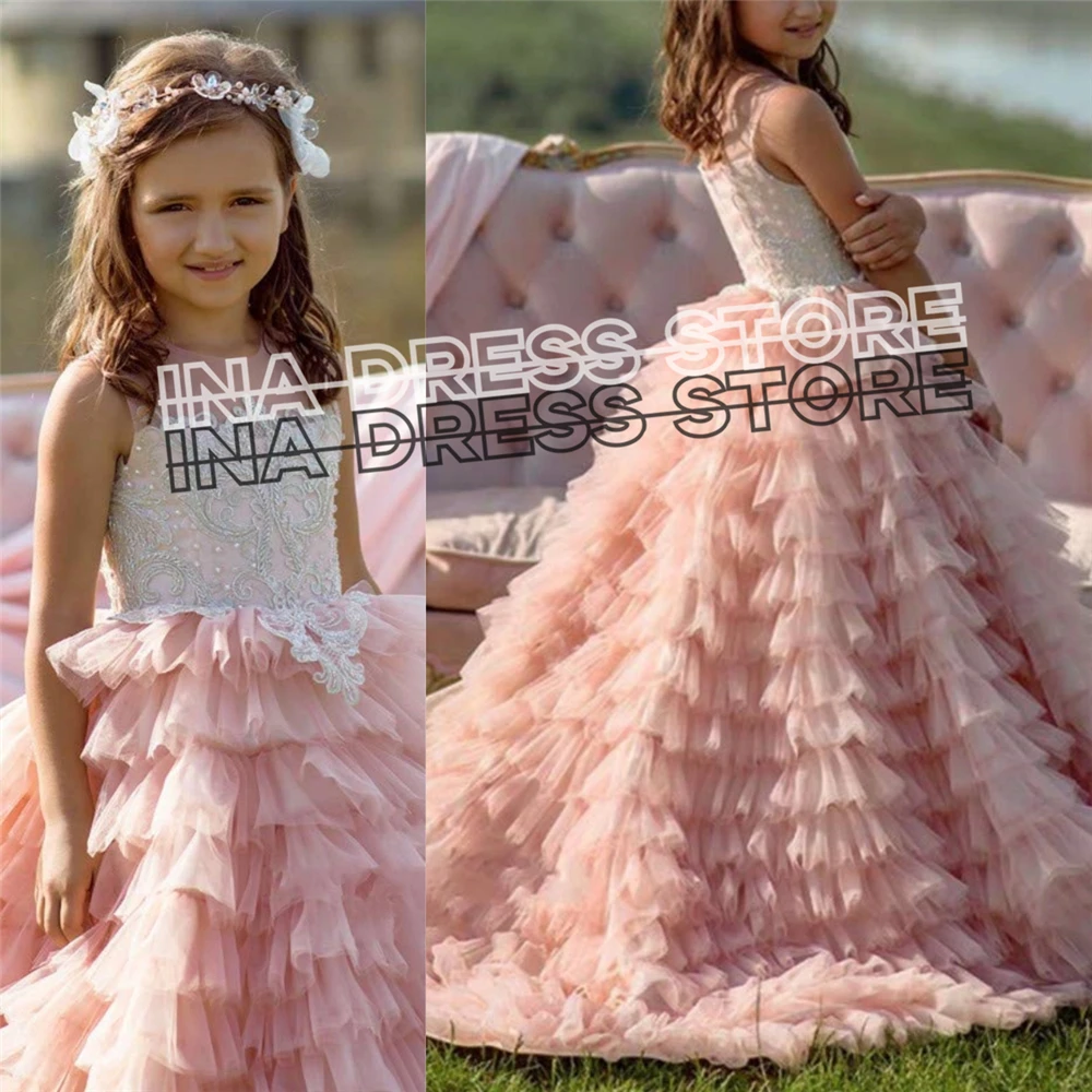 

Lovely Blush Pink Flower Girl Dress Tulle Fluffy Ruffles For Wedding Dresses Toddler Pageant Kids Birthday Party Evening Gowns