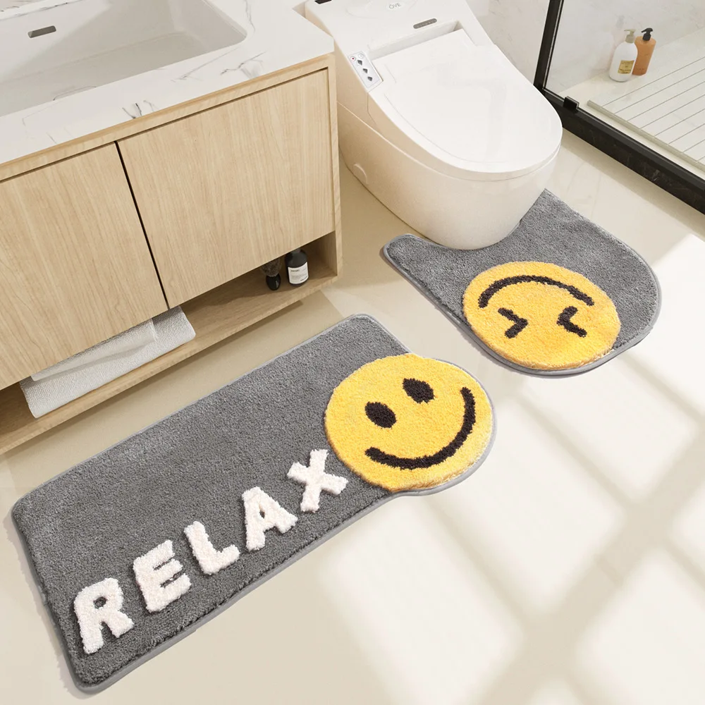 Smile Cartoon Bathroom Carpet Water Absorption Floor Padding Closure Door Cushion Area Carpet Bathroom Carpet Set Cute Rug