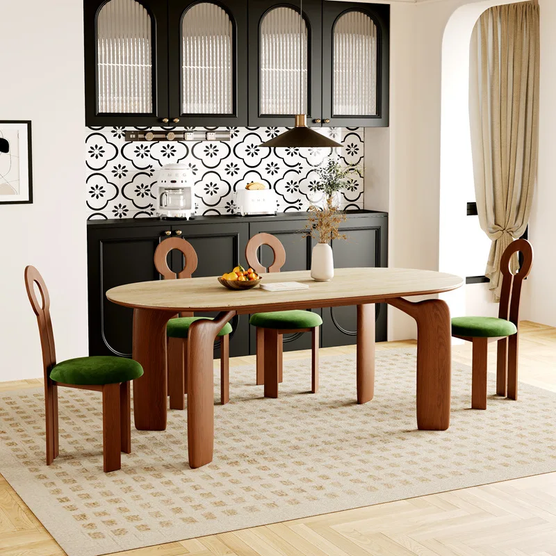 

Nordic ash medieval style travertine slate oval family dining table French