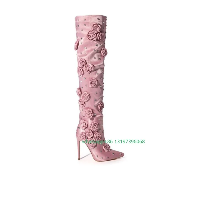 Lady bling stain pink rose design knee boots rhinestone design sequins handmake rose boots side zip pointed toe footwear size 44