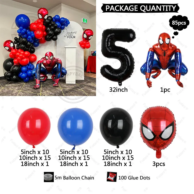 85pcs Red Blue Black Latex Balloon with 3d Spider-Man Balloon Kit Marvel Superhero-themed Balloons for Boy Birthday Party Decor