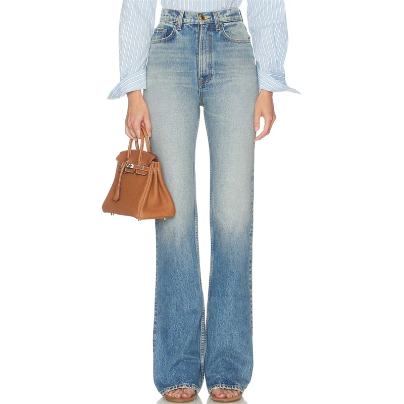 Women's Mid-Rise Washed Cotton-Blend Jeans Slim-Fit Slightly Stretchy Flared Floor-Length Trousers Stylish Autumn High-Quality