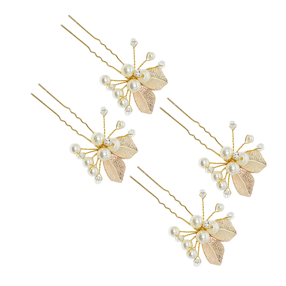 

4Pcs Hair Stick Alloy Leaf Pearl Inlaid U-Shape Hair Chopsticks for Women Wedding Party Casual Hairpins Rhinestone Headwear