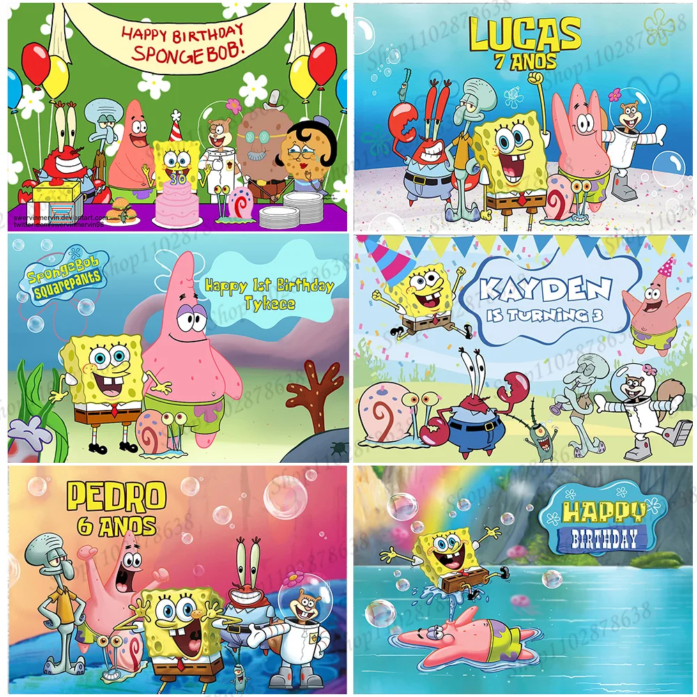 

Custom Baby Name Age Sponge-Bob Backdrop Party Decoration Boy Kid Birthday Background Patrick Star Photography Props Banner