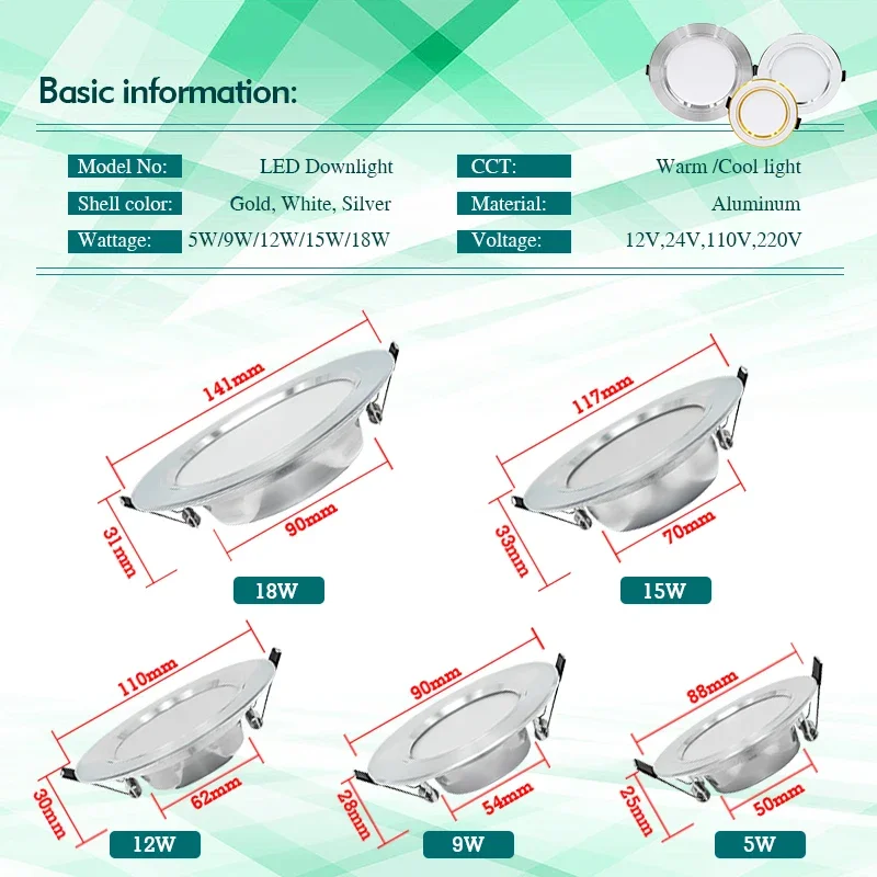 Lâmpada de teto embutida redonda, LED Downlight, Refletor para quarto, Iluminação branca quente e fria, 5W, 9W, 12W, 15W, 18W, AC 220V