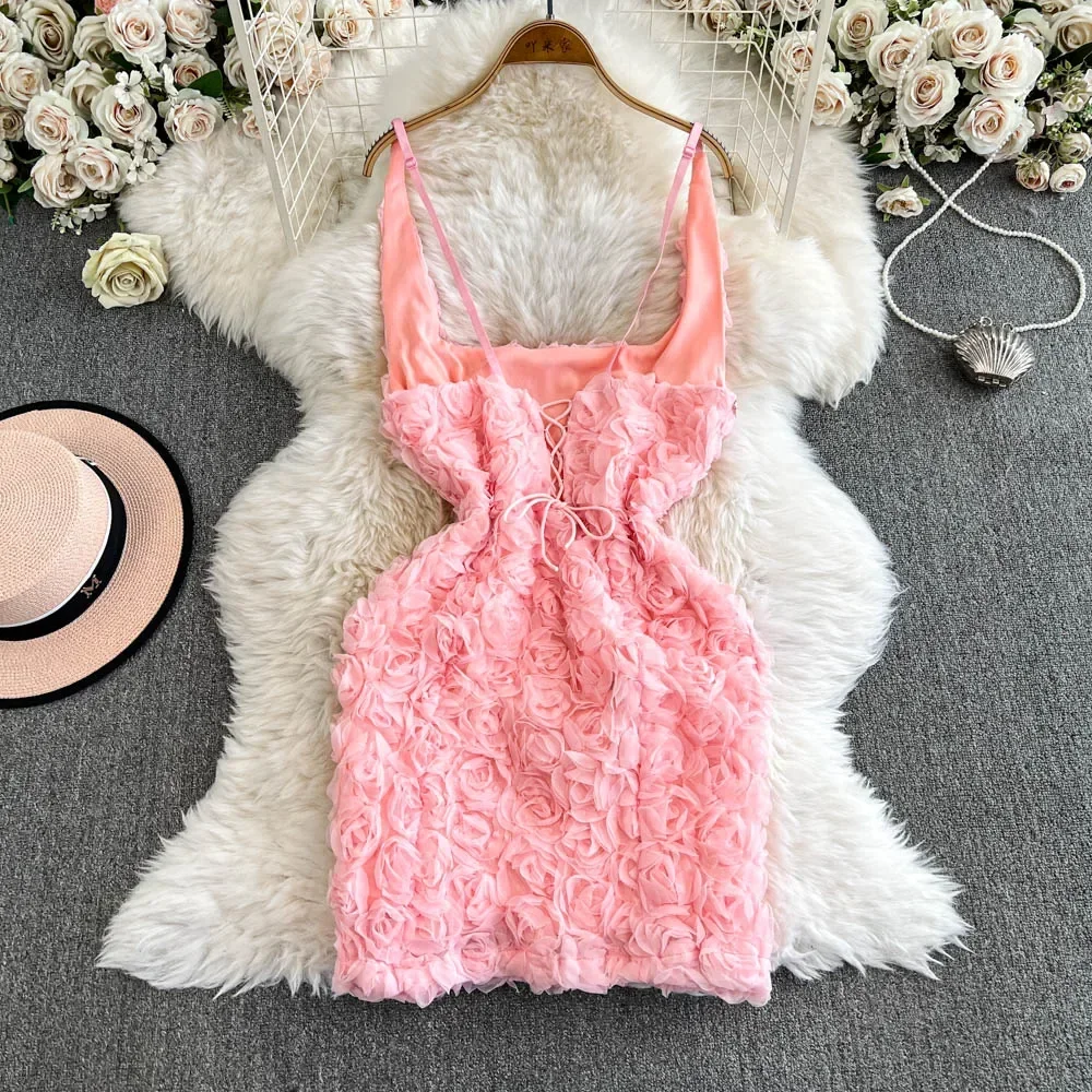 Hotsweet Straps Elegant Sleeveless Backless Lace Three-dimensional Floral Slim Short Dresses Evening High Street Autumn Clothing
