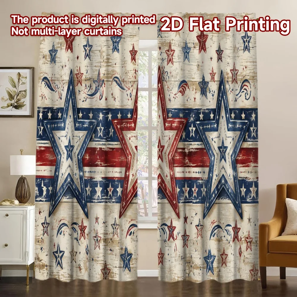 2D FLAT PRINTING 2pcs Curtains (Without Rod) Independence Day American Stars Print Modern Curtains Durable Polyester Curtains