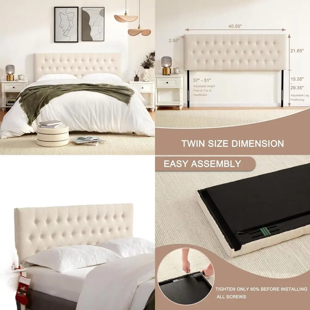 

Кровать Twin XL с мягким изголовьем, каркас из массива дерева с металлическими ножками, регулируемая высота от 37 до 51 дюймов, бежевая ткань с декоративными пуговицами.