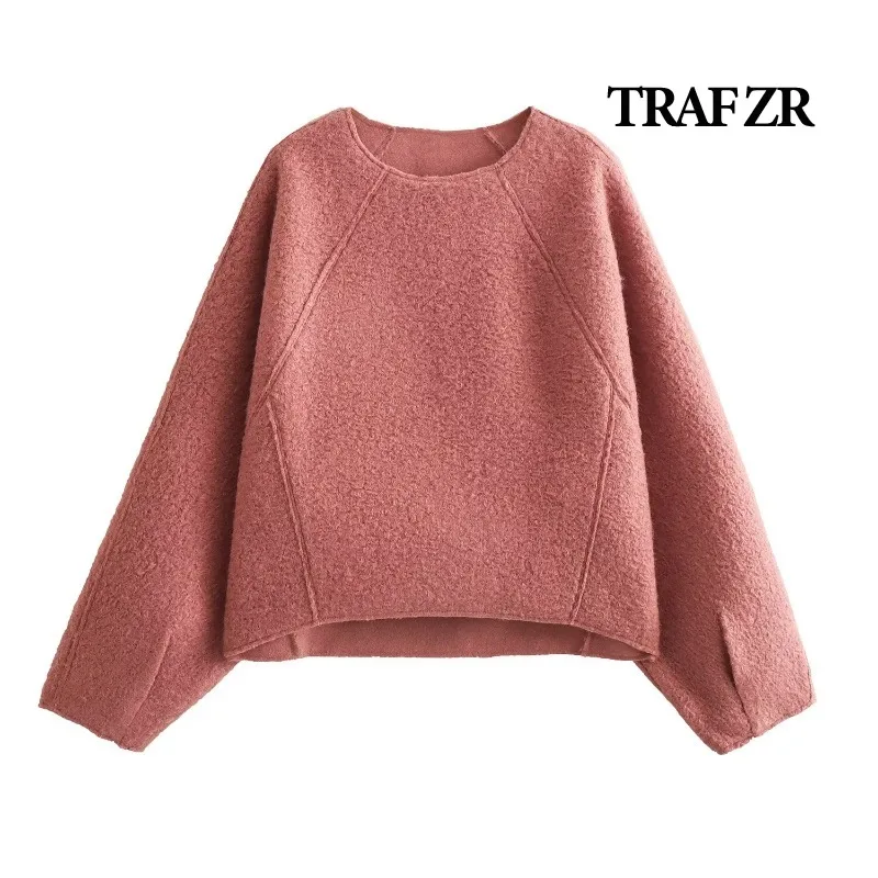 TRAF ZR Vintage Sweatshirts Long Sleeve Y2k Sweatshirts Round Neck Pink Basic Pullovers Harajuku Fashion Solid Fall T-shirts