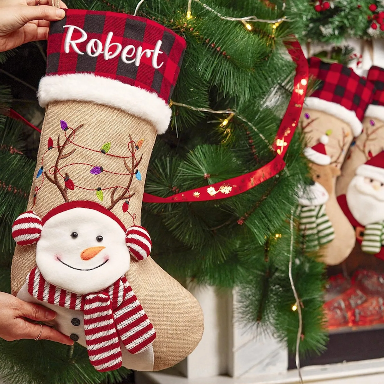 Personalized Burlap Christmas Stockings with Names Custom Santa Snowman Reindeer Large Xmas Socks Decoration 18