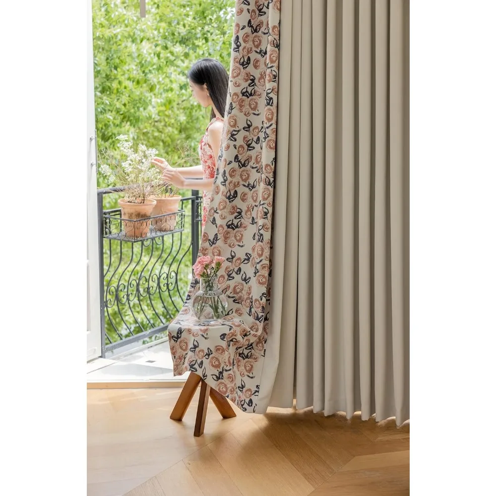 Room Darkening Chenille Brown Patchwork Flower Printed Grommet Curtains, 52x54 Inches, Living Room Blackout Panels with Flower P