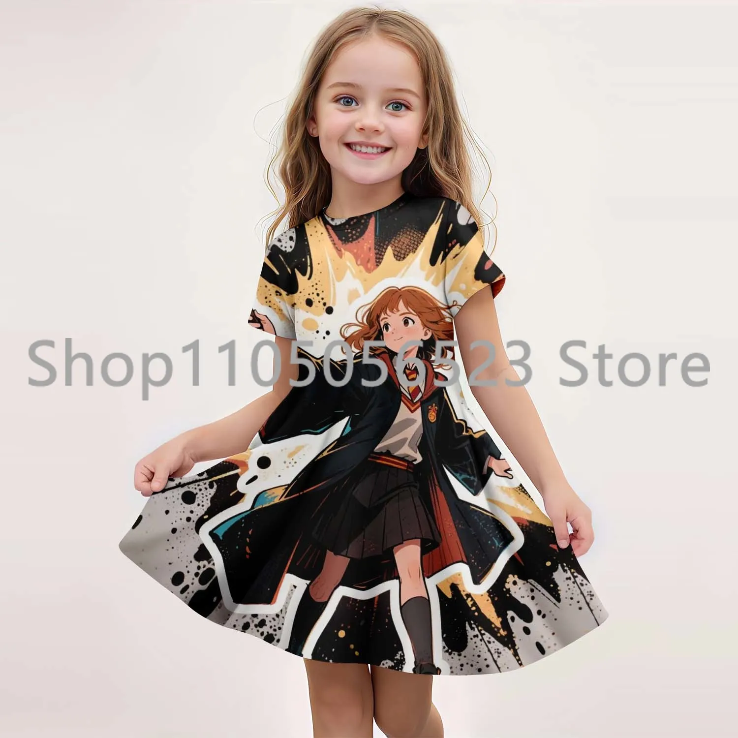 

MINISO New Summer Girls Dress Fashion Cartoon Cute Harry Potter 3D Printing Dress Kid Short Sleeve Princess Clothing